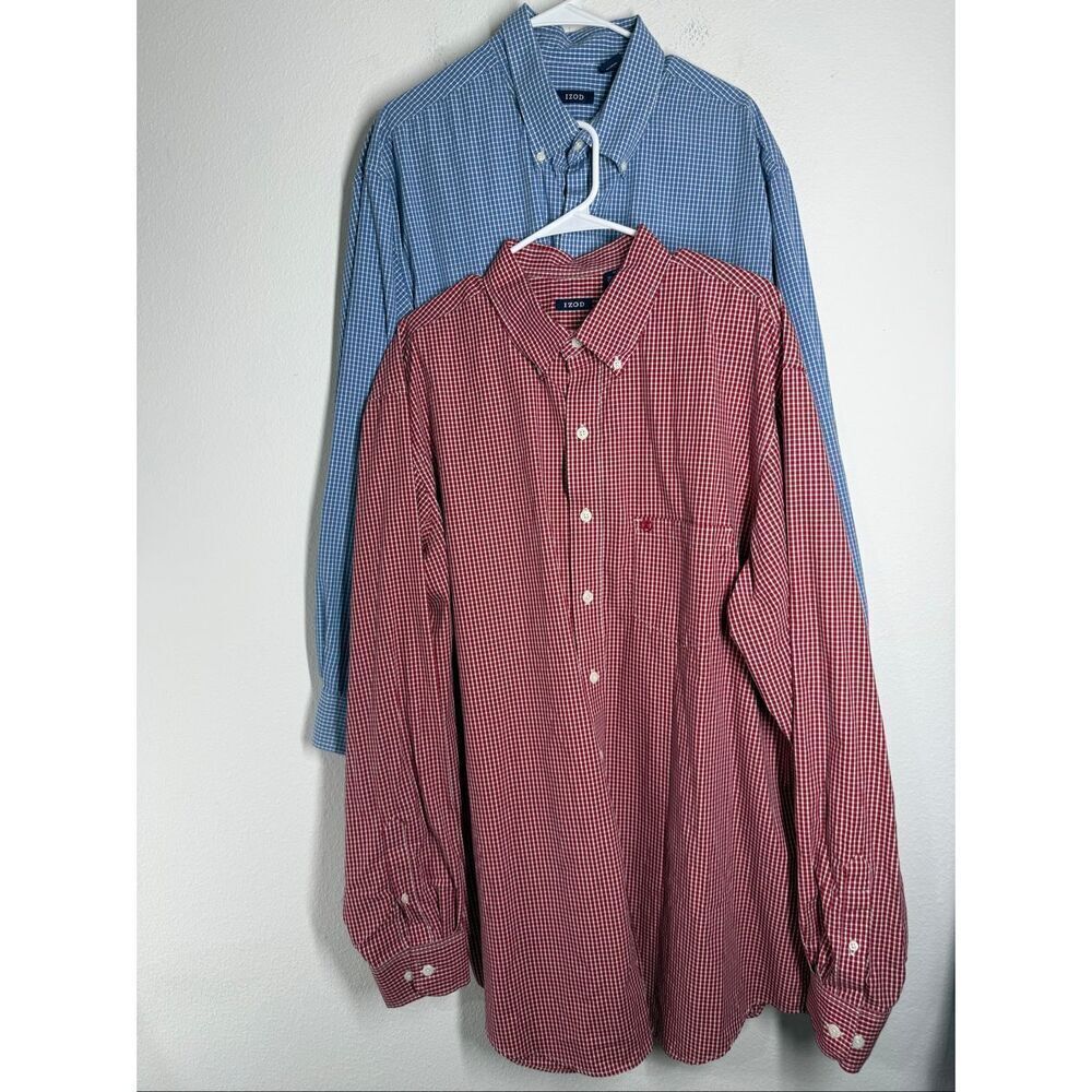 Lot of 2 Izod Men’s Shirts Long Sleeve Plaid Cotton Size XLT Red Blue White